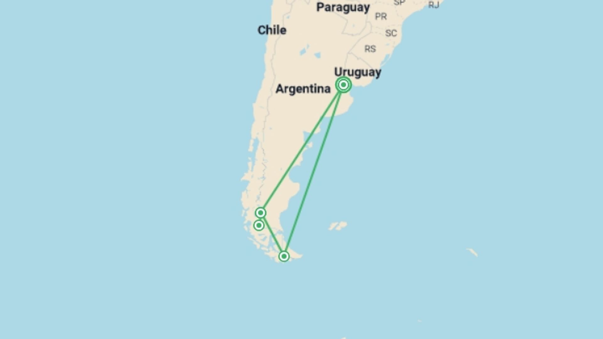 A map showing the tour itinerary for the trip: Patagonian Escape With Torres del Paine, starting in Buenos Aires, Argentina and ending in Buenos Aires, Argentina going through 3 other destinations.
