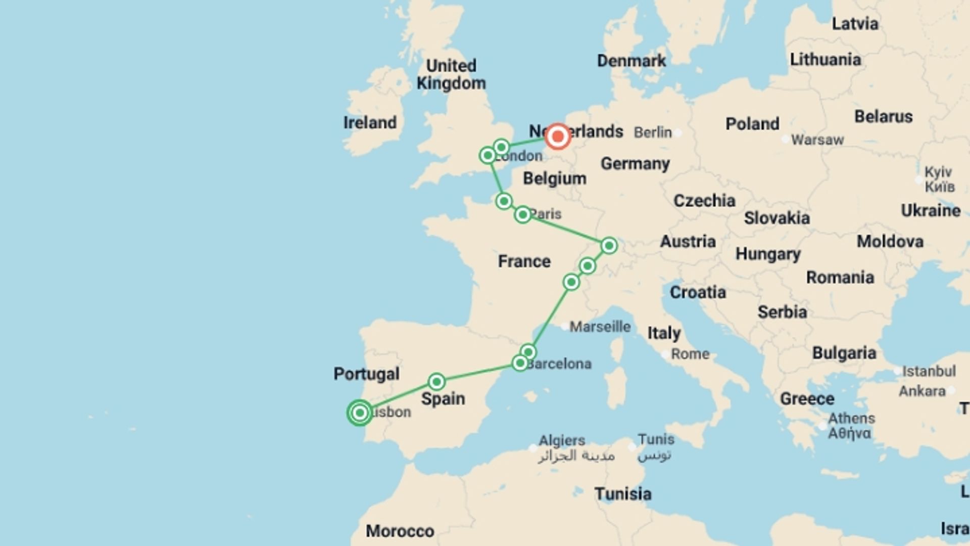 A map showing the tour itinerary for the trip: Highlights from the Old Continent, starting in Lisbon, Portugal and ending in Amsterdam, Holland going through 10 other destinations.