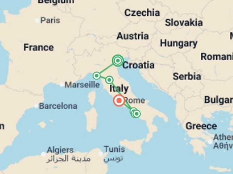 Map itinerary of Mediterranean Tour in October 2026 with 7 destination visits for the trip: Journeys: Iconic Italy