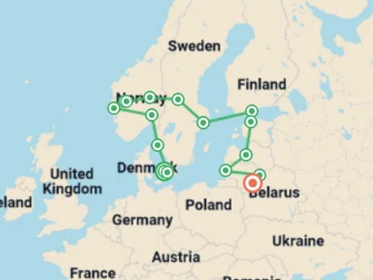 Map itinerary of Europe Tour in June 2026 with 16 destination visits for the trip: Scandinavia & Baltic Circuit
