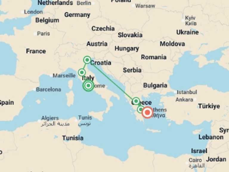 Map of Europe Cultural, religious and historic sites Tour with 6 destination visits for the trip: Best of Italy and Greece
