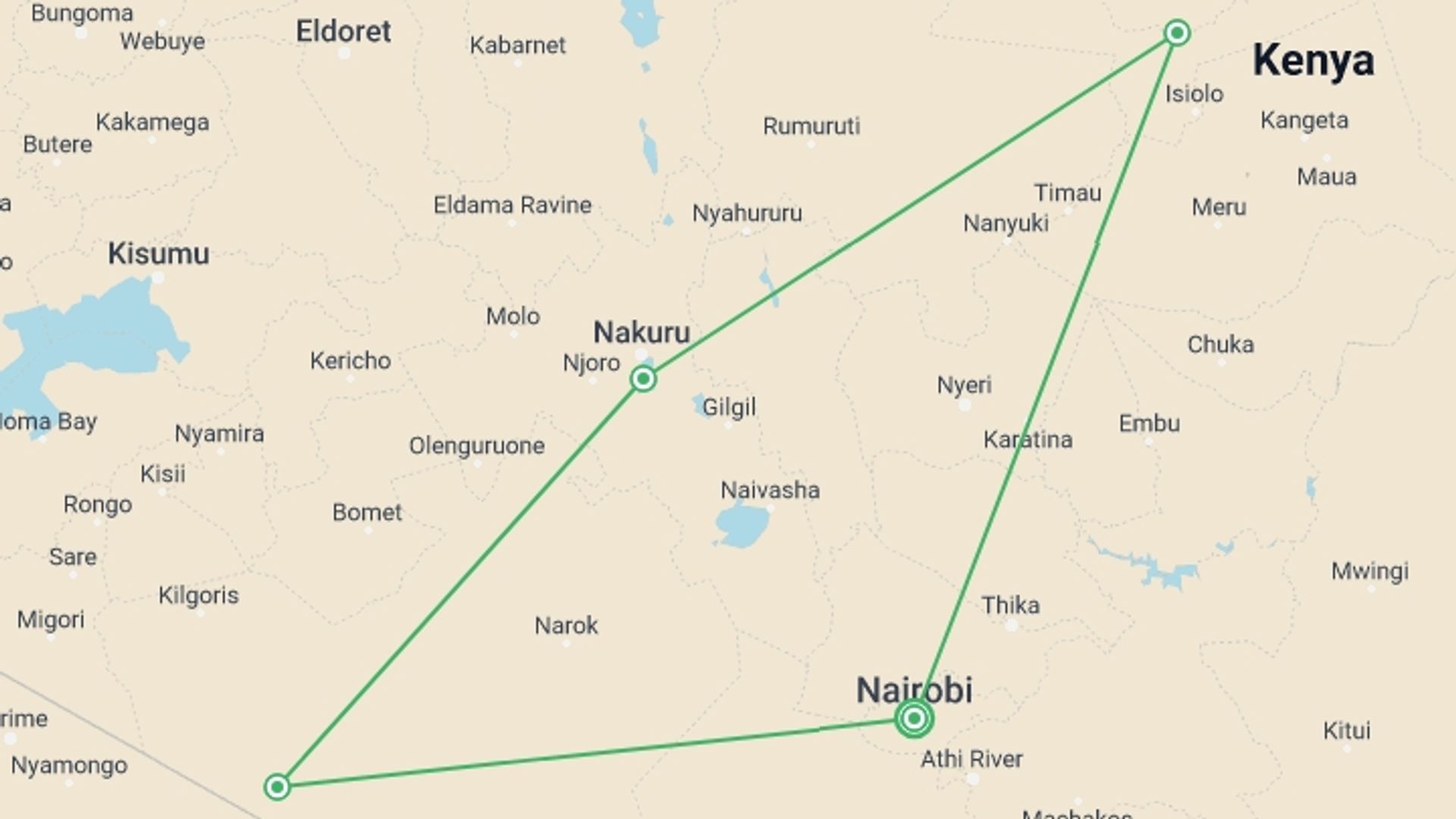 A map showing the tour itinerary for the trip: Kenya Camping Safari, starting in Nairobi, Kenya and ending in Nairobi, Kenya going through 3 other destinations.