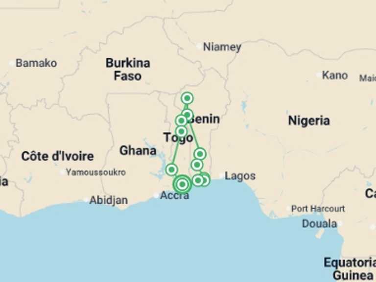 Map of a Active and outdoor Tour with 11 destination visits for the trip: Benin and Togo Voodoo Discovery
