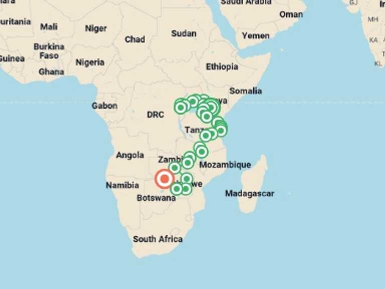 Map of a Waterfalls Tour with 28 destination visits for the trip: Gorillas to Vic Falls