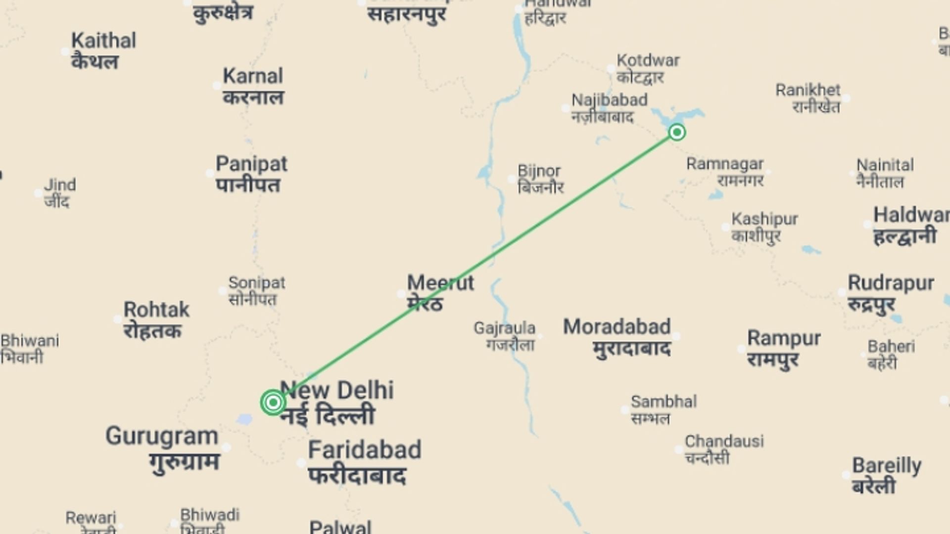 A map showing the tour itinerary for the trip: Corbett National Park - 4 days, starting in New Delhi, India and ending in New Delhi, India going through 1 other destinations.