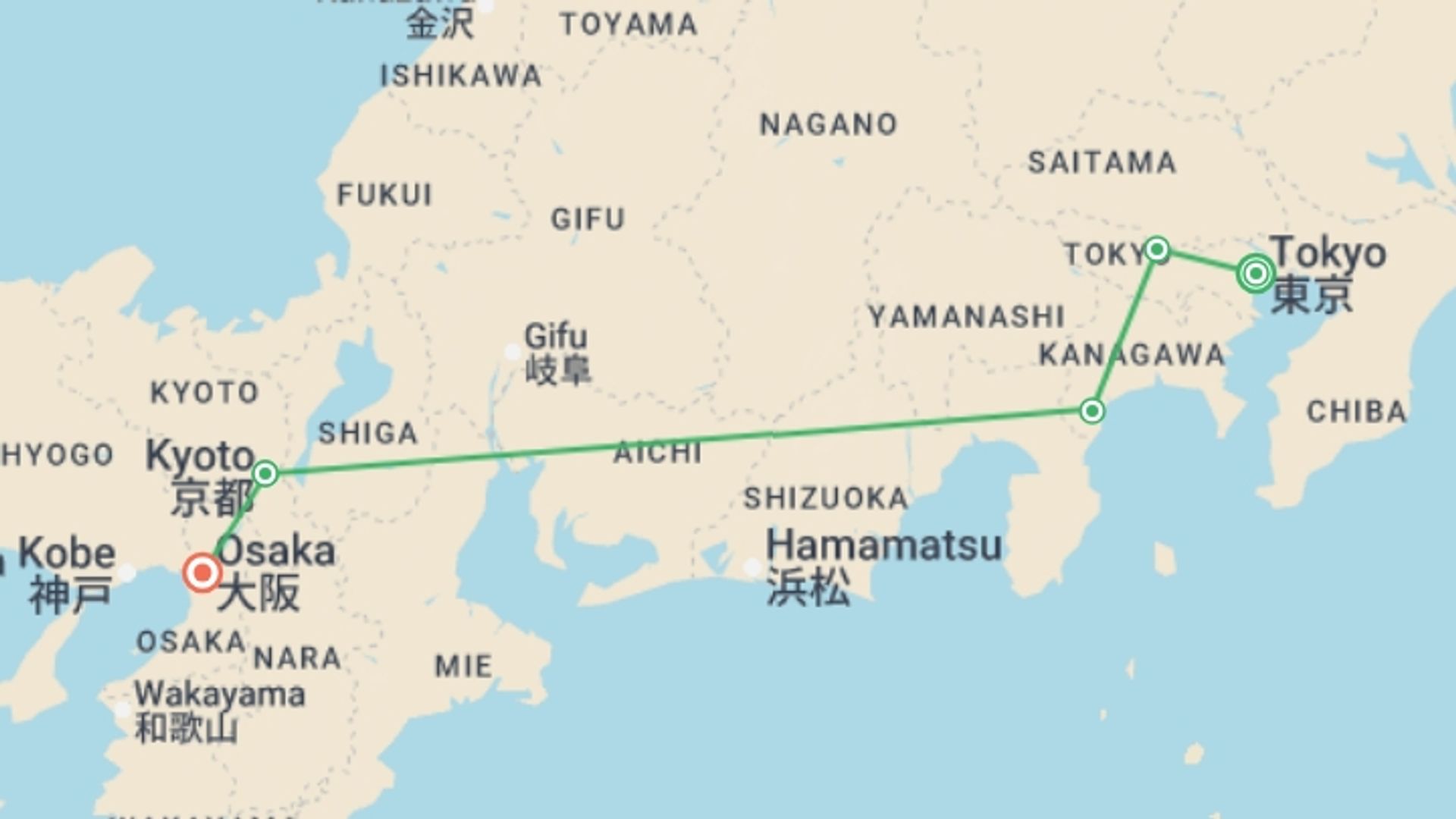A map showing the tour itinerary for the trip: Japan Highlights From Tokyo to Osaka - 7 days, starting in Tokyo, Japan and ending in Osaka, Japan going through 3 other destinations.