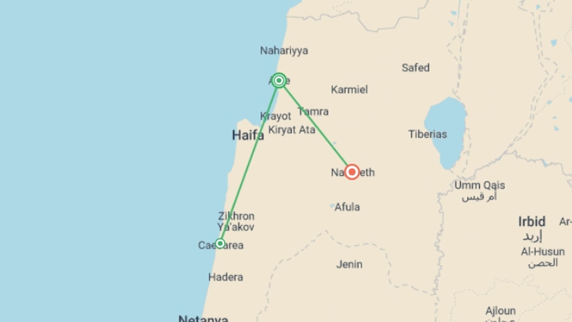 A map showing the tour itinerary for the trip: Nazareth And Caesarea, 2 Days From Tel Aviv, starting in Acre, Israel and ending in Nazareth, Israel going through 0 other destinations.