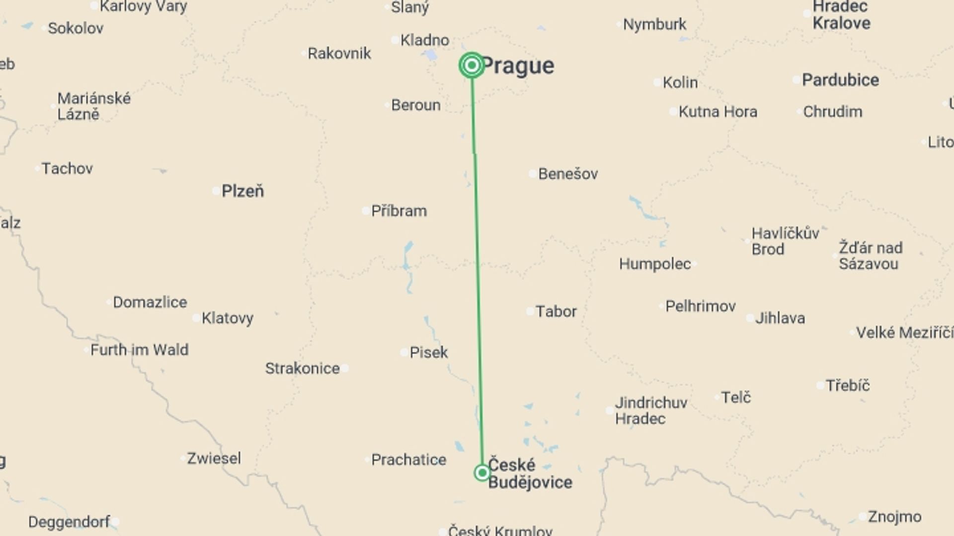 A map showing the tour itinerary for the trip: Between Stories and Castles, starting in Prague, Czech Republic and ending in Prague, Czech Republic going through 1 other destinations.