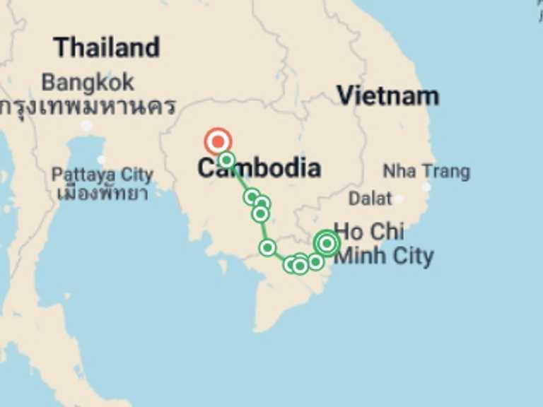 Map of 12-Day Phnom Penh Tour with 7 destination visits for the trip: From the Mekong Delta to the Angkor Temples (port-to-port cruise)
