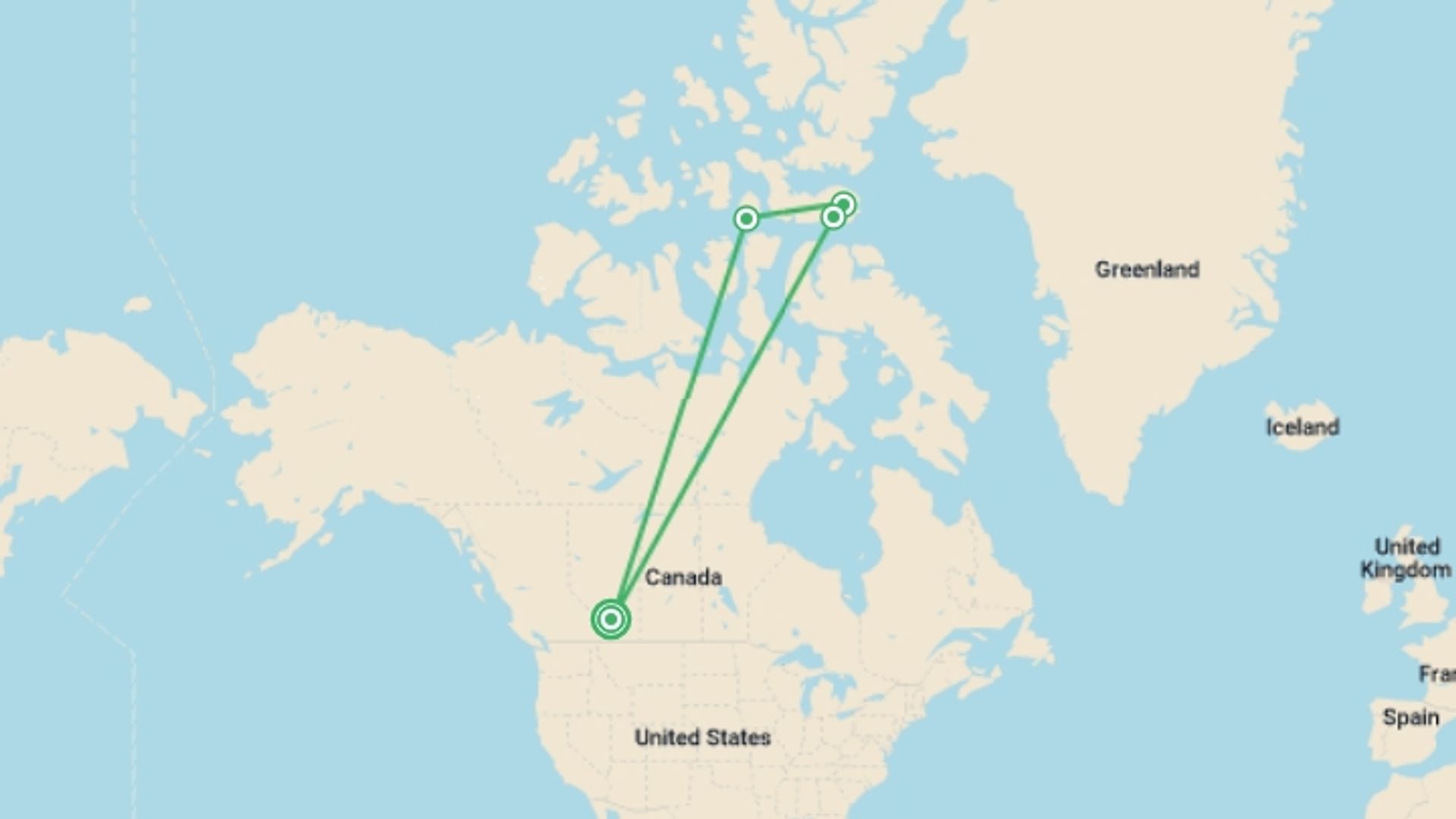 A map showing the tour itinerary for the trip: Canada's Remote Arctic: Northwest Passage, starting in Calgary, Canada and ending in Calgary, Canada going through 3 other destinations.