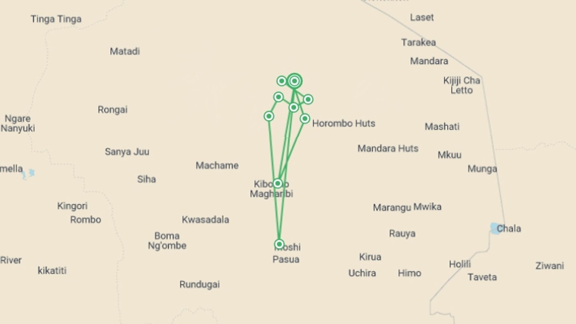 A map showing the tour itinerary for the trip: Umbwe Route, Silver Level Climb (on Request), starting in Kilimanjaro, Tanzania and ending in Kilimanjaro, Tanzania going through 7 other destinations.