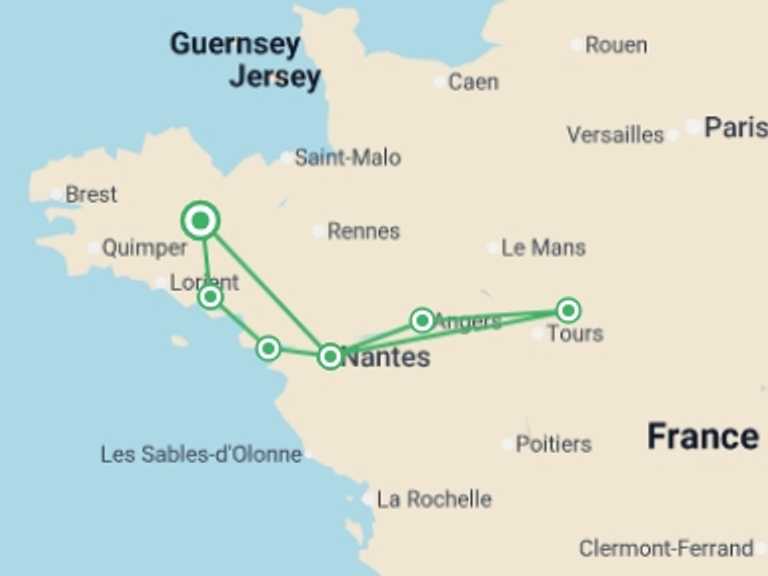Map itinerary of Europe Tour in April 2026 with 7 destination visits for the trip: Beautiful Brittany and Royal Opulence in the Loire (port-to-port cruise)