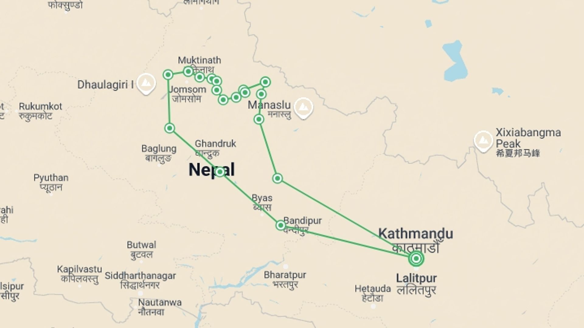A map showing the tour itinerary for the trip: Annapurna Circuit & Nar Phu Valley Trek, starting in Kathmandu, Nepal and ending in Kathmandu, Nepal going through 16 other destinations.