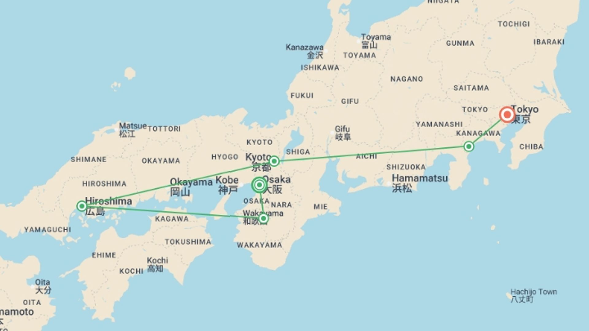 A map showing the tour itinerary for the trip: Japan Express – Osaka to Tokyo, starting in Osaka, Japan and ending in Tokyo, Japan going through 6 other destinations.