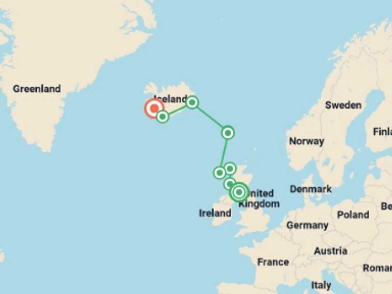 Map of Europe Tour with 9 destination visits for the trip: Isles of the North Atlantic (Ocean Victory)