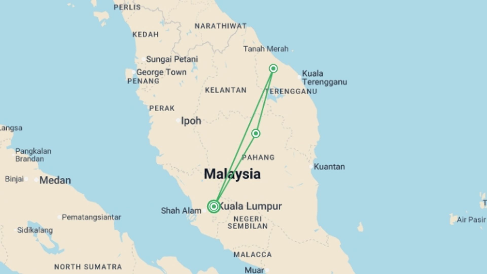 A map showing the tour itinerary for the trip: Wild Taman Negara Discovery - 4 days, starting in Kuala Lumpur, Malaysia and ending in Kuala Lumpur, Malaysia going through 2 other destinations.