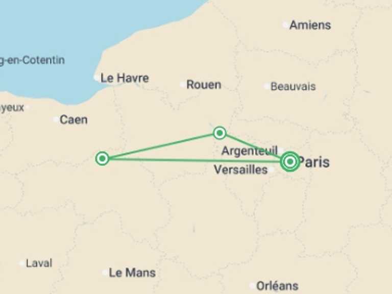 Map of France Tour with 2 destination visits for the trip: Journeys: Paris & Normandy Highlights