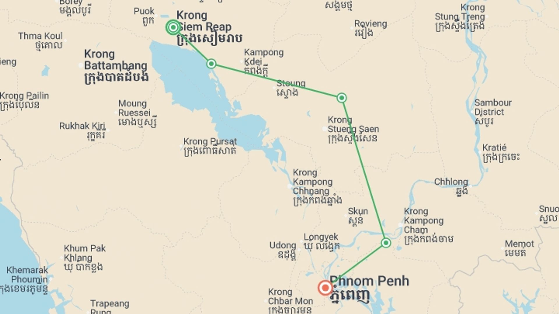 A map showing the tour itinerary for the trip: Ride Cambodia, starting in Siem Reap, Cambodia and ending in Phnom Penh, Cambodia going through 3 other destinations.