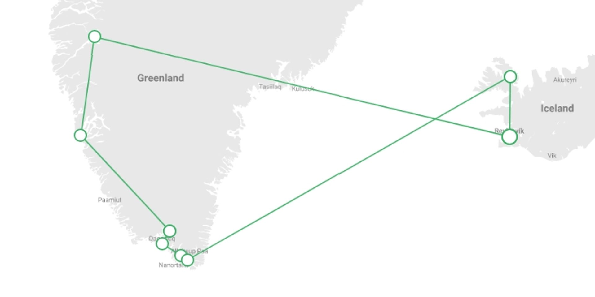 A map showing the tour itinerary for the trip: Iceland to Greenland: Mountains, Glaciers and the Westfjords, starting in Reykjavik, Iceland and ending in Reykjavik, Iceland going through 2 other destinations.