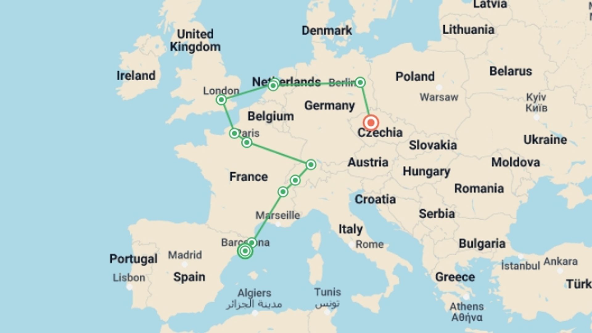 A map showing the tour itinerary for the trip: Wonderful Holidays, starting in Barcelona, Spain and ending in Prague, Czech Republic going through 0 other destinations.