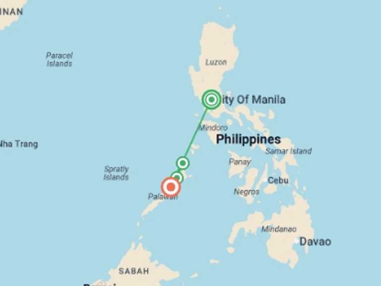Map of 10-Day Philippines Tour with 4 destination visits for the trip: Perfect Palawan - 10 days