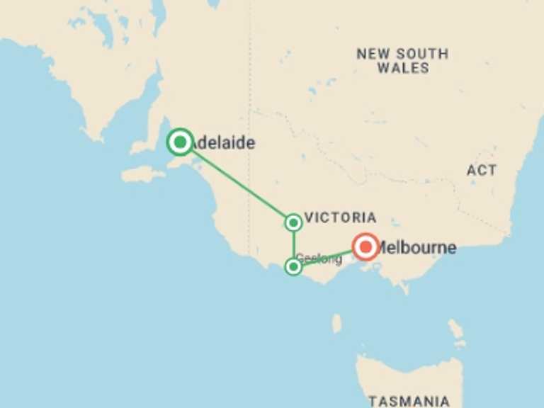 Map itinerary of Australia Tour in February 2027 with 4 destination visits for the trip: Highlights of Adelaide &  Melbourne - 3 days