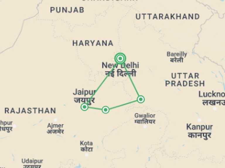 Map of India Art and architecture Tour with 4 destination visits for the trip: India's Golden Triangle