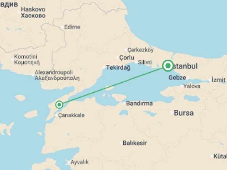 Map itinerary of Europe Tour in April 2027 with 2 destination visits for the trip: ANZAC Day - Trooper Tour