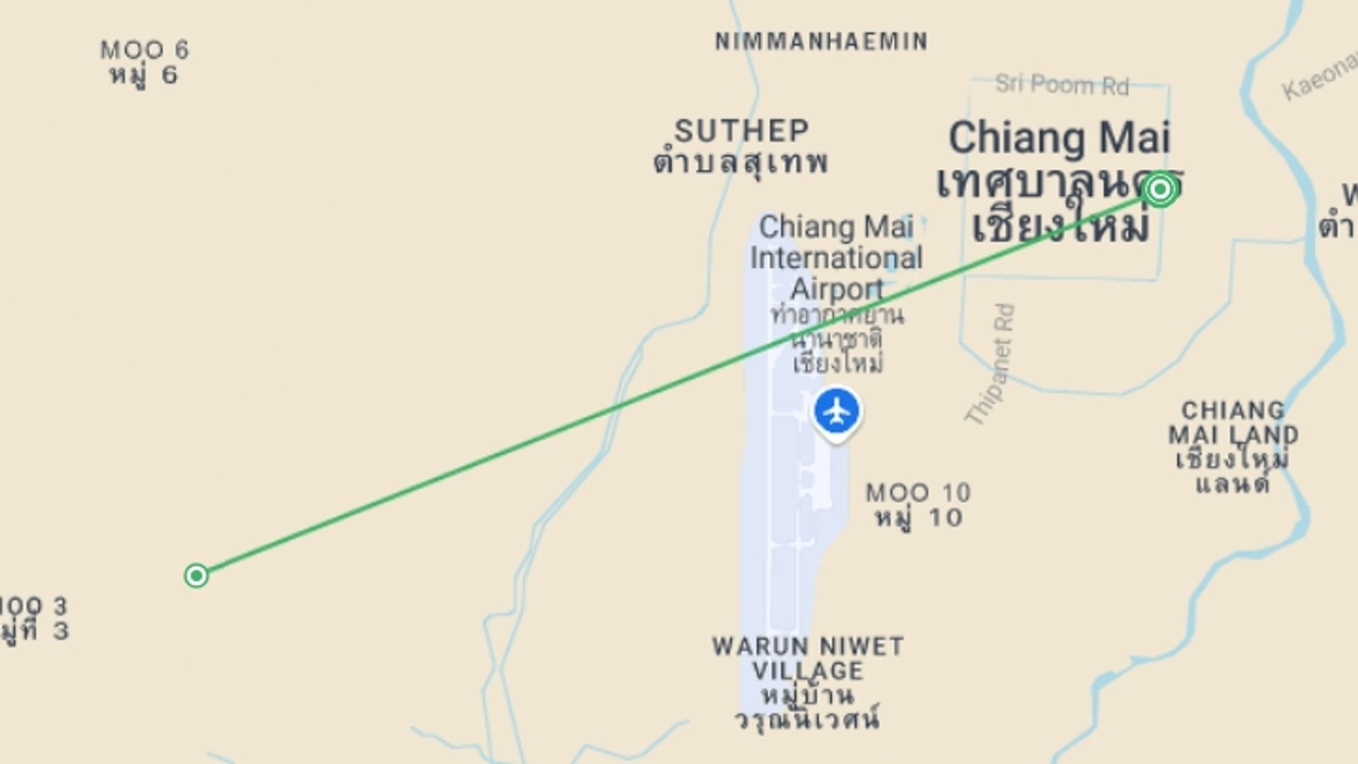 A map showing the tour itinerary for the trip: Chiang Mai Temples, Bikes & Whitewater Rafting, starting in Chiang Mai, Thailand and ending in Chiang Mai, Thailand going through 0 other destinations.