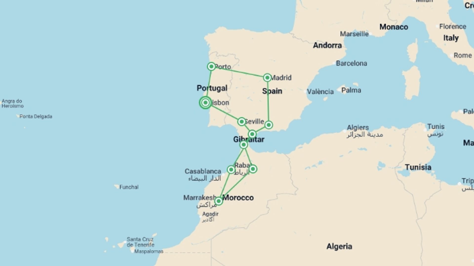 A map showing the tour itinerary for the trip: Andalucia, Morocco & Porto From Lisbon - 15 days, starting in Lisbon, Portugal and ending in Lisbon, Portugal going through 9 other destinations.