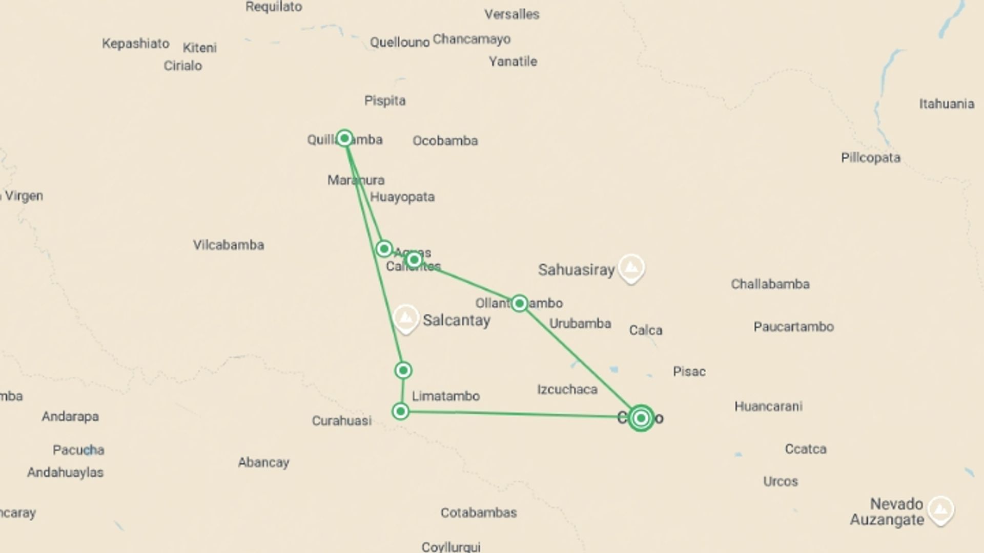 A map showing the tour itinerary for the trip: Salkantay trek to Machu Picchu, starting in Cusco, Peru and ending in Cusco, Peru going through 5 other destinations.