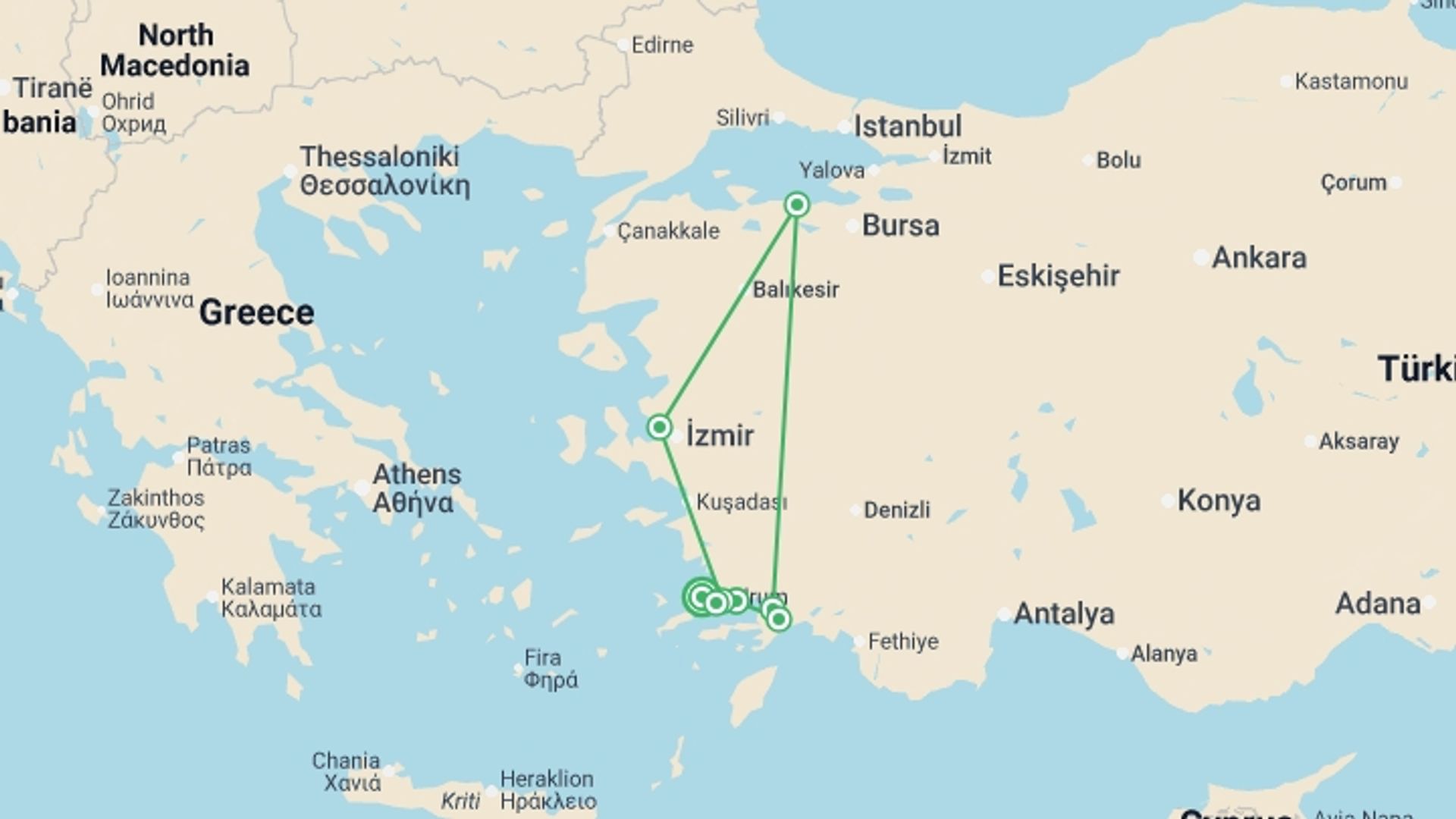 A map showing the tour itinerary for the trip: Turkish Delight - 8 Days, starting in Bodrum, Turkey and ending in Bodrum, Turkey going through 4 other destinations.