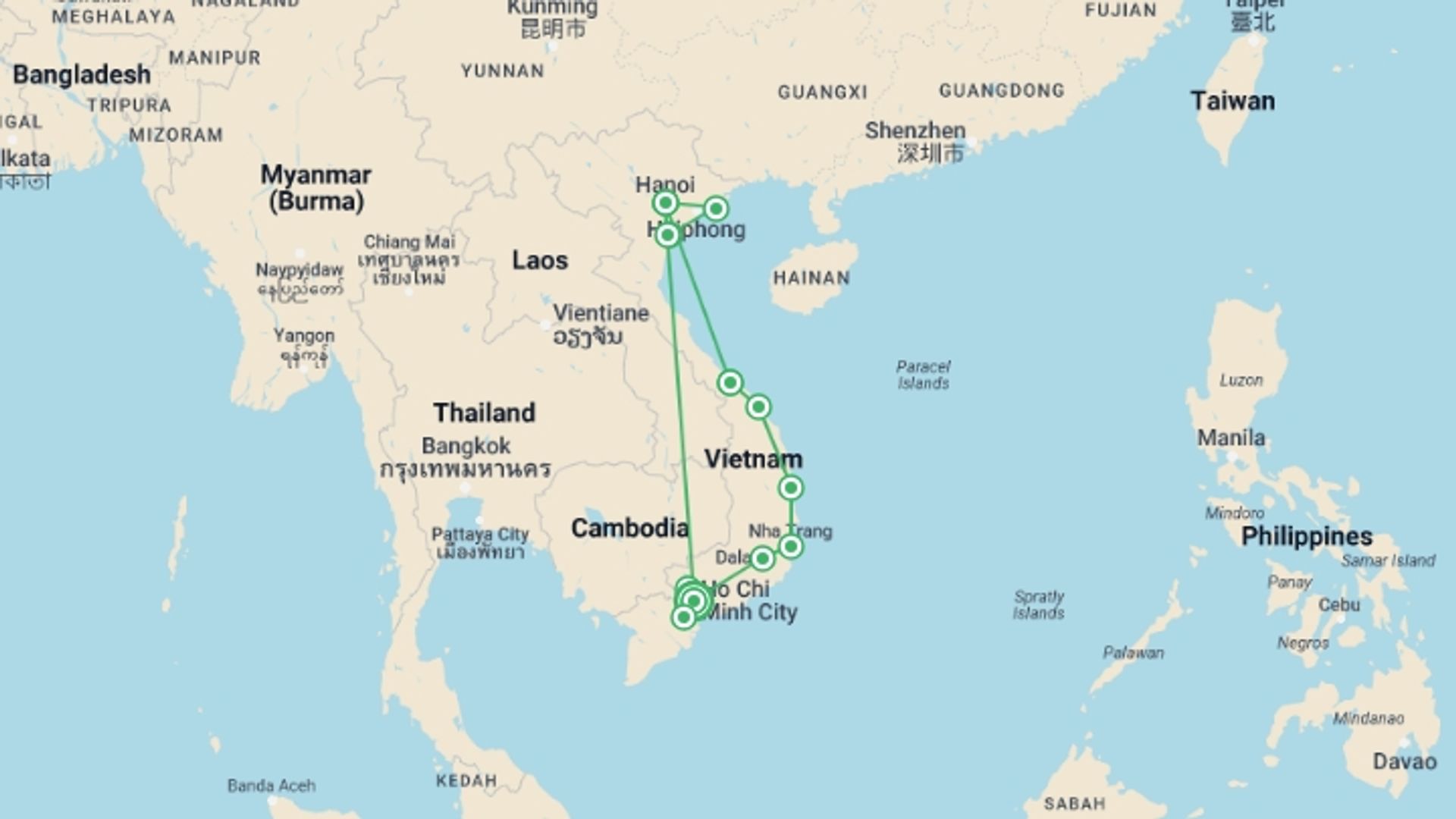 A map showing the tour itinerary for the trip: 14-day Tour From South To North Vietnam, starting in Ho Chi Minh City, Vietnam and ending in Ho Chi Minh City, Vietnam going through 9 other destinations.