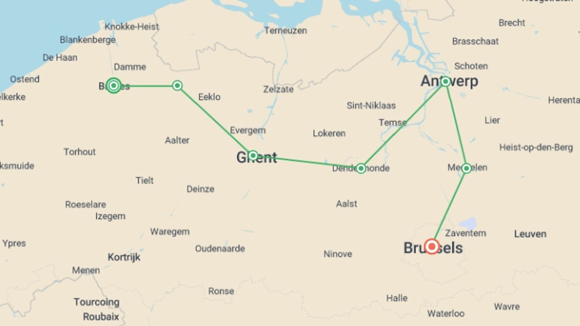 A map showing the tour itinerary for the trip: Belgium Cycle - Bruges to Brussels, starting in Bruges, Belgium and ending in Brussels, Belgium going through 5 other destinations.