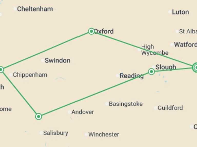 Map itinerary of London Tour in October 2026 with 2 destination visits for the trip: Heart of England Express - 2 days