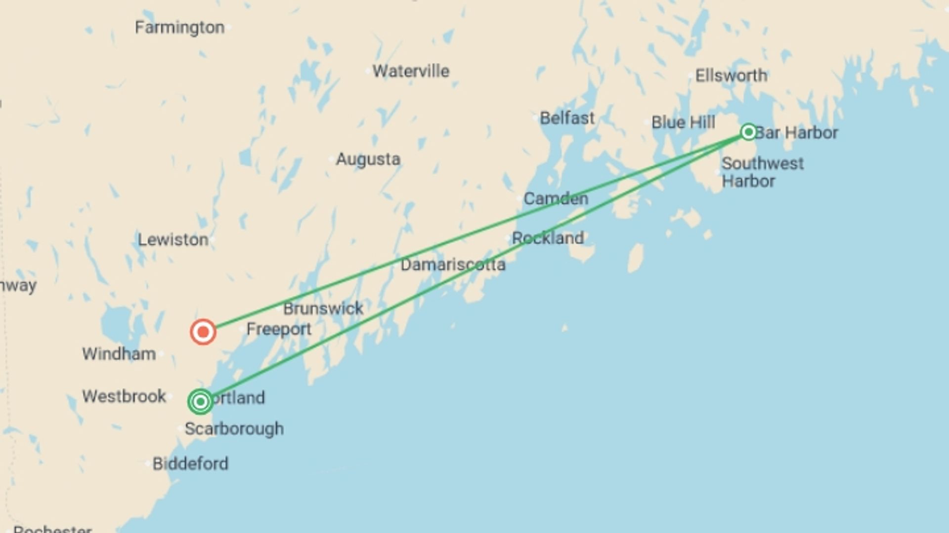 A map showing the tour itinerary for the trip: Roaming Coastal Maine, starting in Portland, ME, USA and ending in Freeport, USA going through 2 other destinations.
