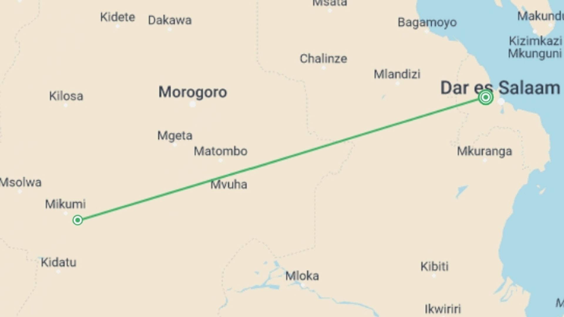 A map showing the tour itinerary for the trip:     Mikumi National Park  2Days Safari from Dar es salaam, starting in Dar Es Salaam, Tanzania and ending in Dar Es Salaam, Tanzania going through 1 other destinations.