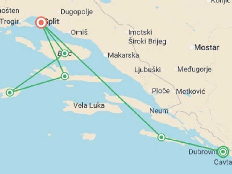 Map itinerary of Europe Tour in Fall with 6 destination visits for the trip: Croatia Sailing Adventure: Dubrovnik to Split
