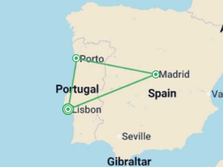 Map of Europe Tour with 3 destination visits for the trip: Lisbon, Madrid & Porto - 6 days