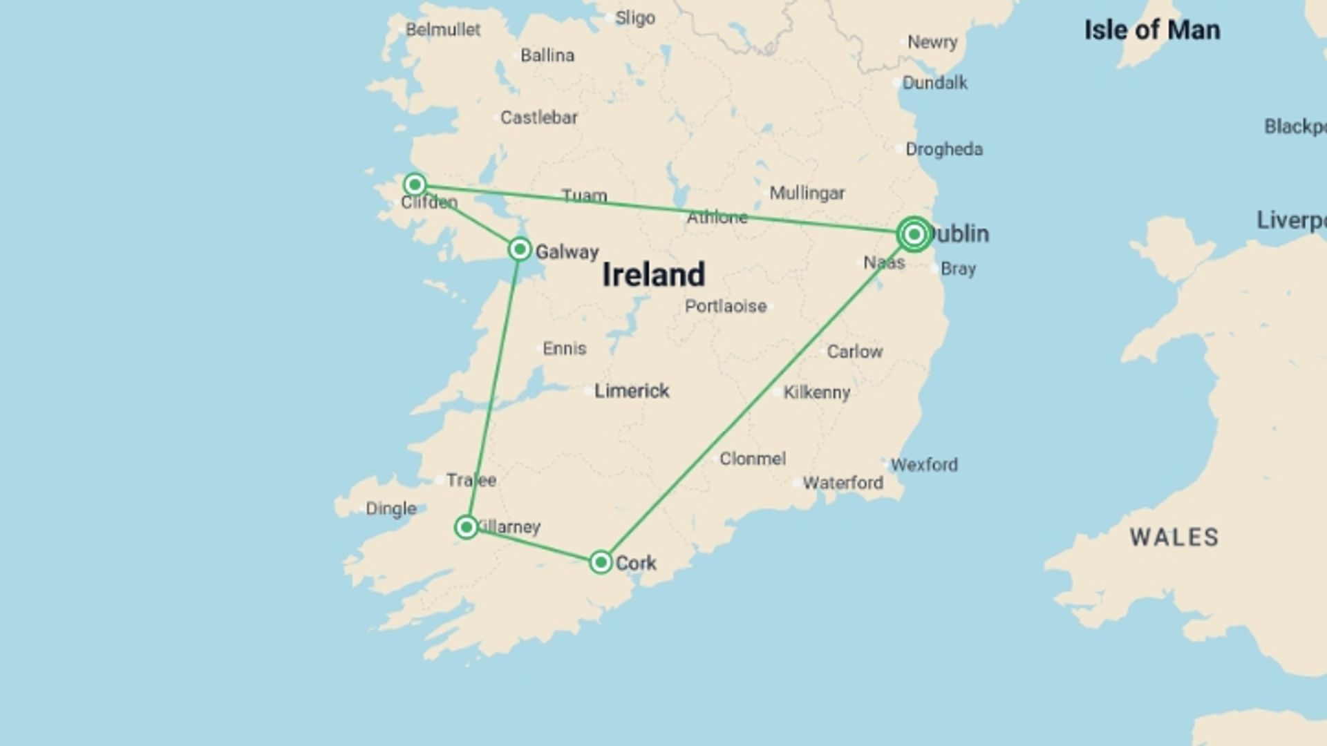 A map showing the tour itinerary for the trip: Ireland's Icons - Premium, starting in Dublin, Ireland and ending in Dublin, Ireland going through 4 other destinations.