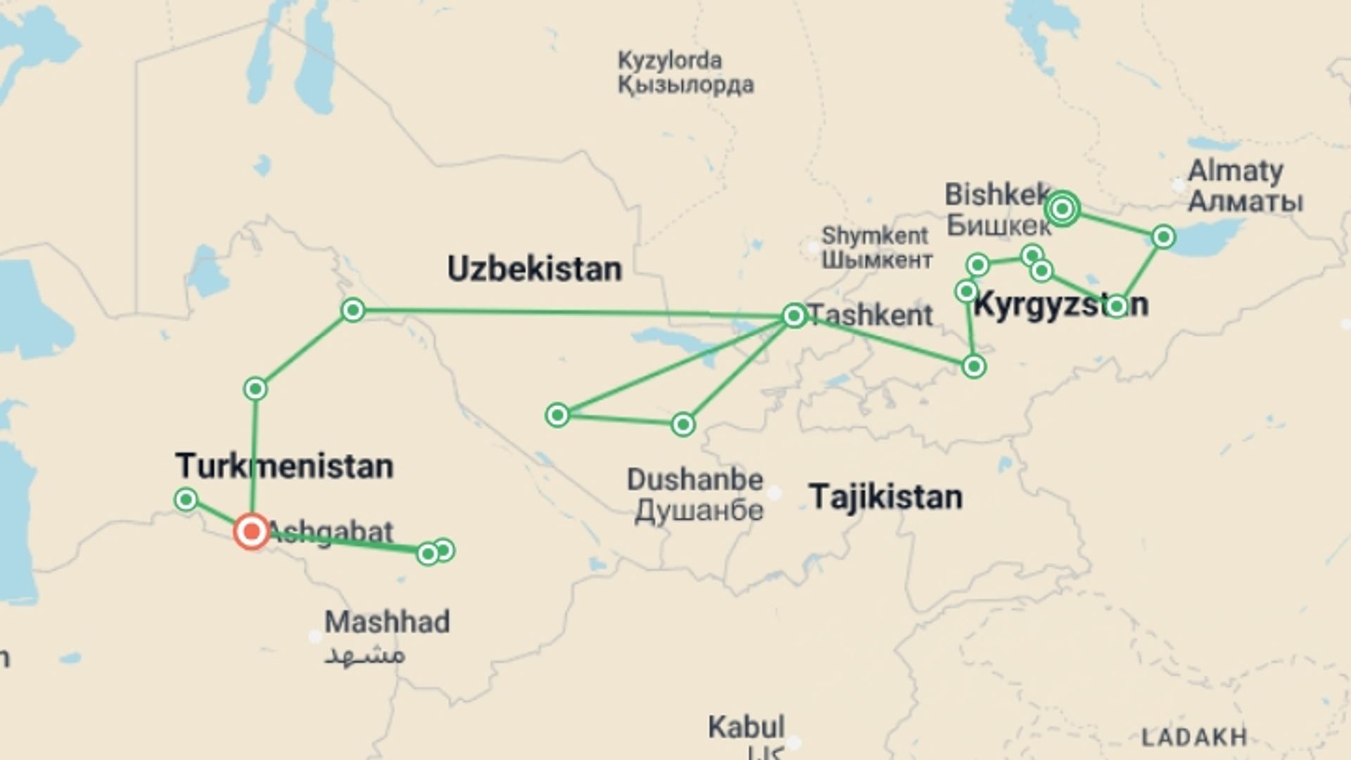 A map showing the tour itinerary for the trip: Bishkek to Ashgabat, starting in Bishkek, Kyrgyzstan and ending in Ashgabat, Turkmenistan going through 13 other destinations.