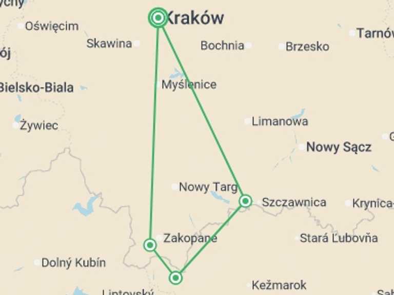 Map itinerary of Europe Tour in May 2026 with 4 destination visits for the trip: Hiking in the Polish Carpathians