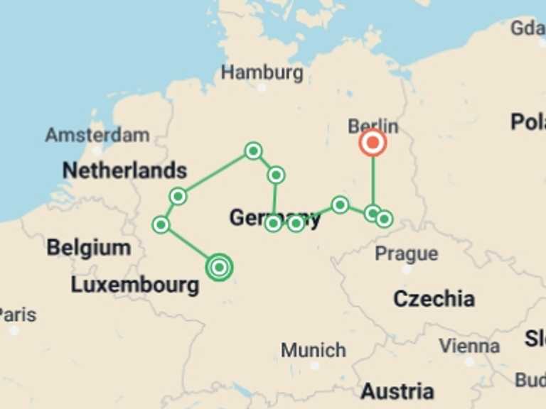 Map of 8-Day Berlin Tour with 6 destination visits for the trip: Tour of the Heart of Germany, Ending in Berlin