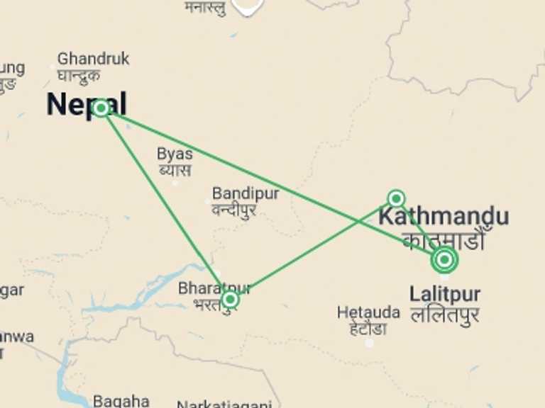 Map itinerary of Nepal Tour in Winter with 4 destination visits for the trip: Adventure Sports Tour in Nepal: 10 Days