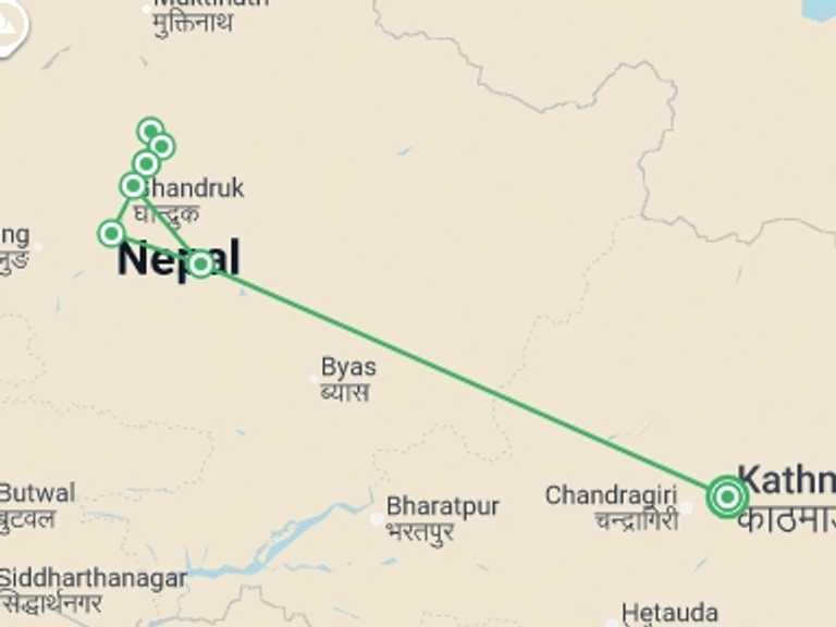 Map of Asia Tour with 7 destination visits for the trip: Annapurna Base Camp Trek - 11 days