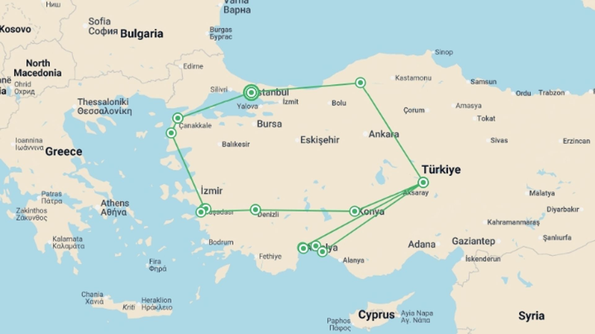 A map showing the tour itinerary for the trip: ANZAC Day - Colonel Tour, starting in Istanbul, Turkey and ending in Istanbul, Turkey going through 9 other destinations.