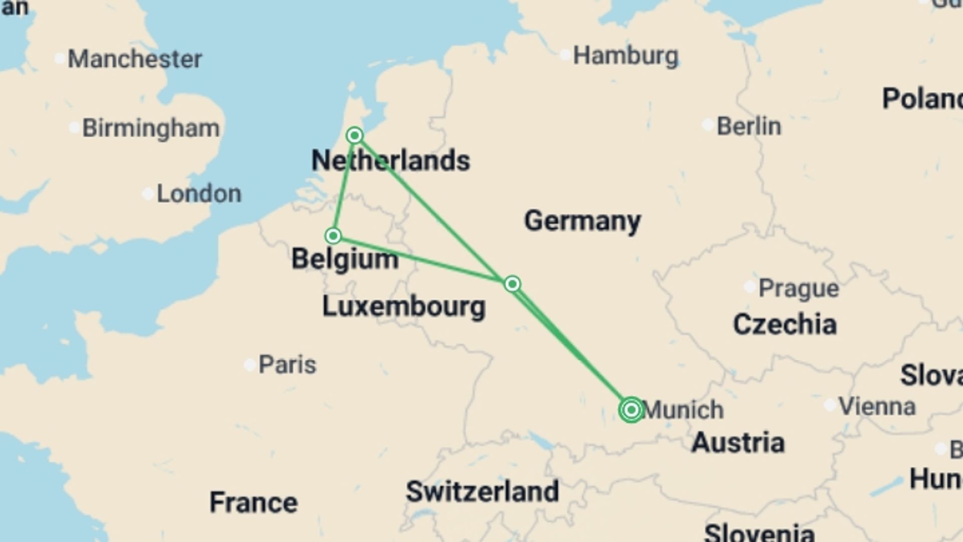 A map showing the tour itinerary for the trip: Oktoberfest, starting in Munich, Germany and ending in Munich, Germany going through 4 other destinations.
