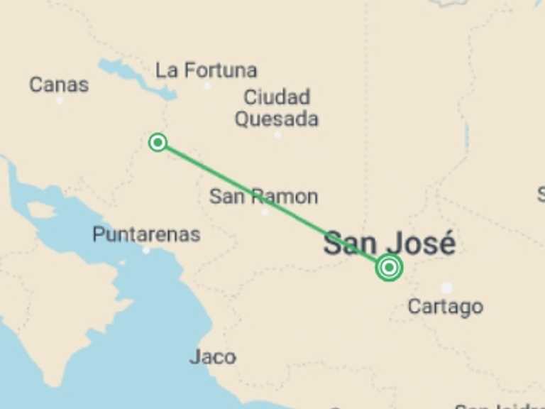 Map of San Jose Getaways and short breaks Tour with 2 destination visits for the trip: Monteverde Cloudforest Essences, Short Break