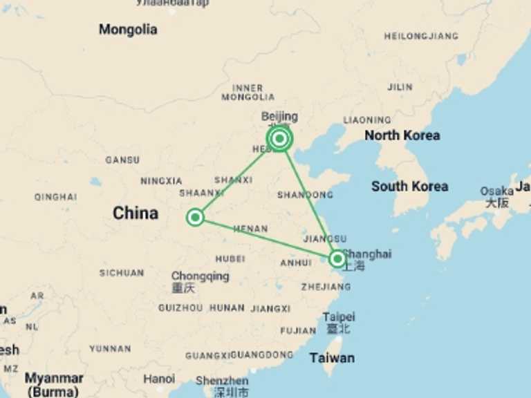 Map of China Tour with 3 destination visits for the trip: China's Present, Past And Future