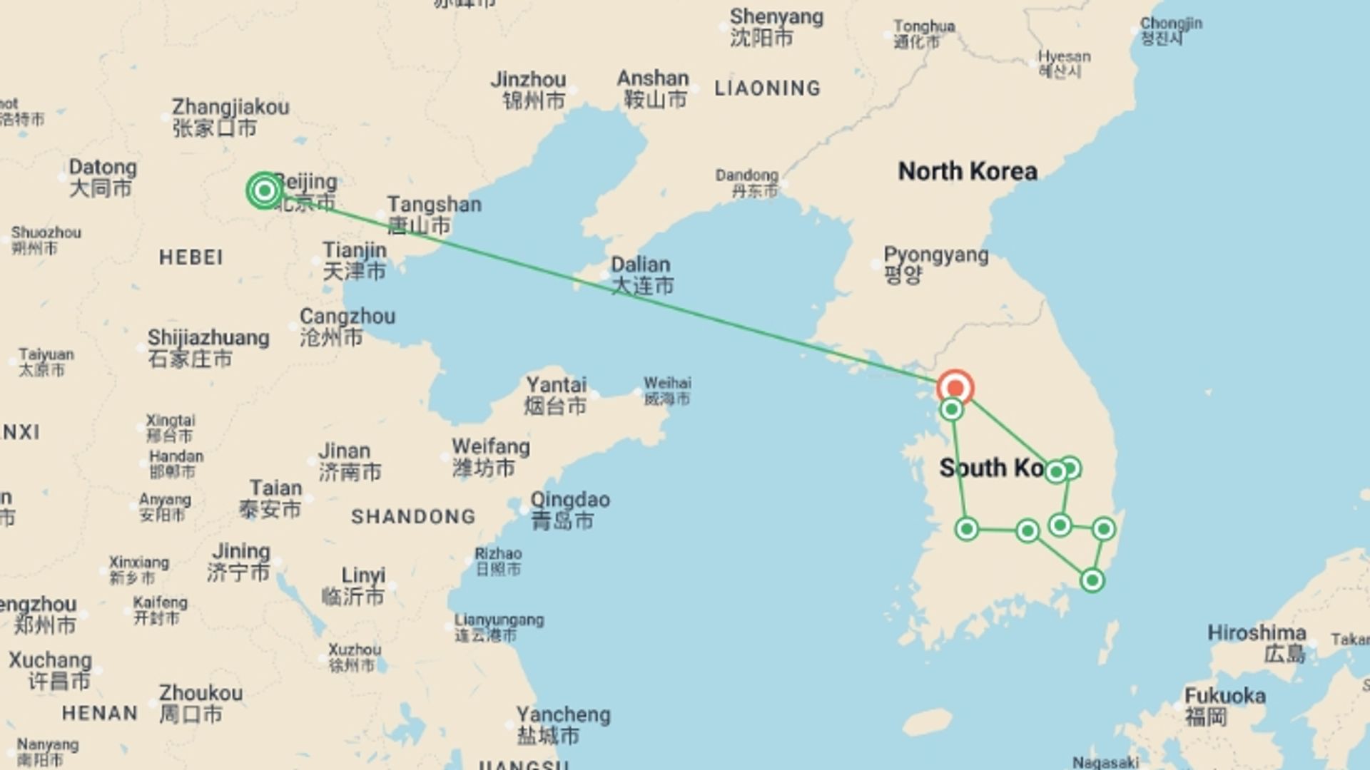 A map showing the tour itinerary for the trip: Beijing and Korean Landscapes, starting in Beijing, China and ending in Seoul, South Korea going through 3 other destinations.